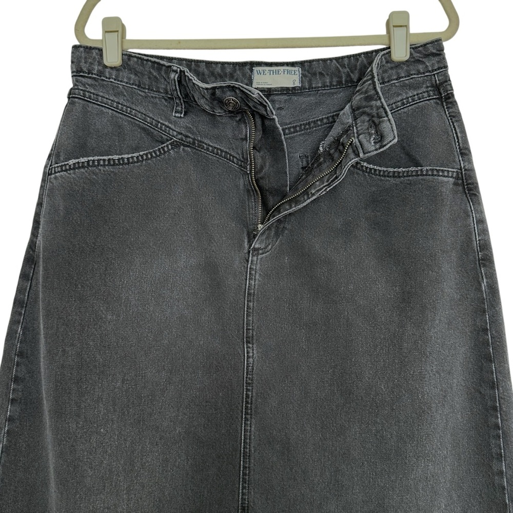 Free People WE THE FREE Black Denim Midi Skirt 8 Raw Hem Y2K Minimalist Grunge - Picture 5 of 14